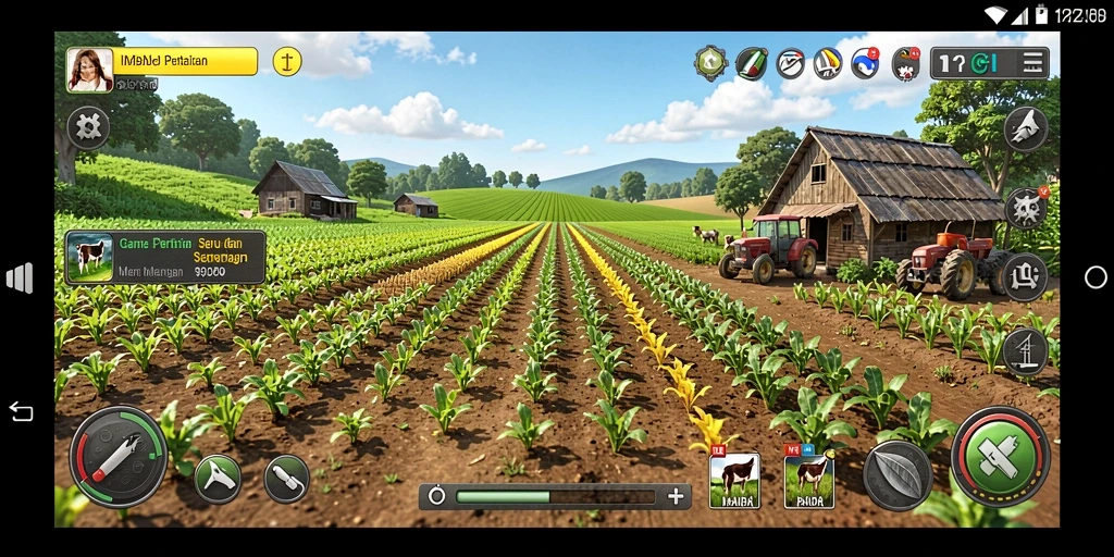 Tangkapan layar gameplay IMBAJP dengan berbagai aktivitas pertanian.
