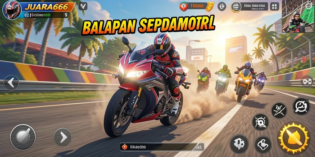 Gameplay JUARA666 menampilkan aksi balap sepeda motor yang mendebarkan.