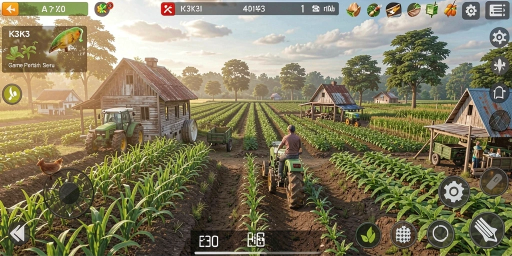 Tangkapan layar gameplay K3K3 menunjukkan pengelolaan ladang yang aktif.