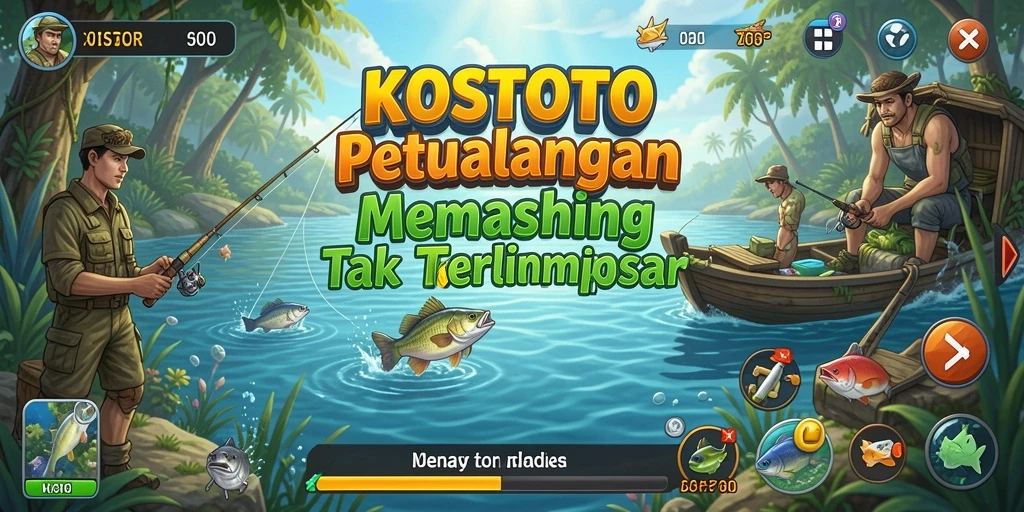 Screenshot utama KOSTOTO menampilkan gameplay memancing yang menakjubkan.
