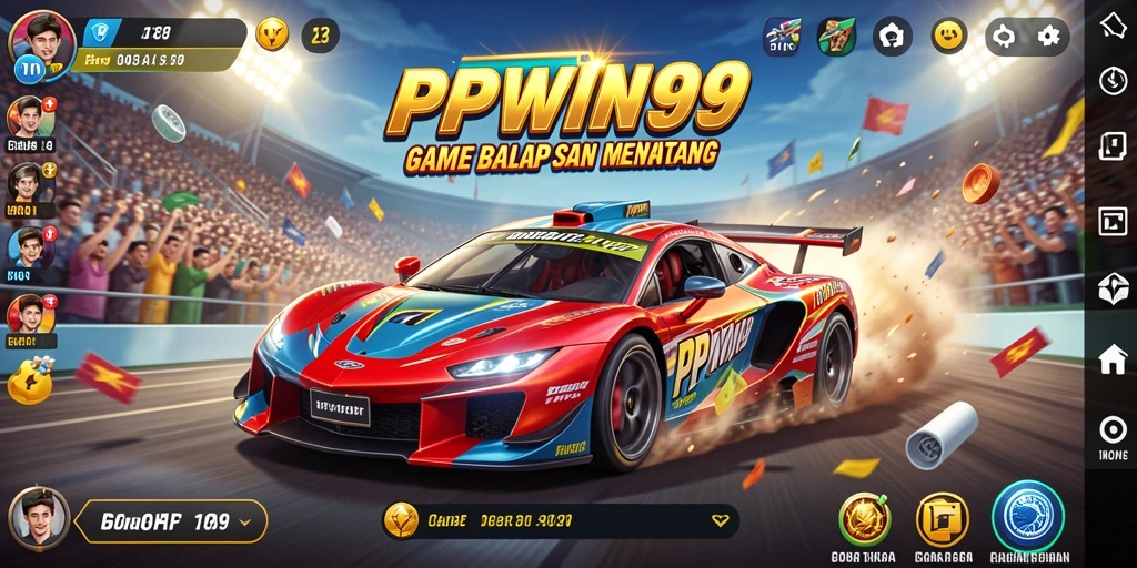Tampilan gameplay seru PPWIN99 yang menampilkan mobil balap di trek.