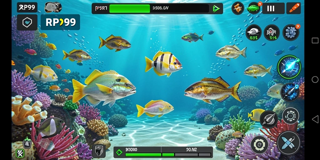 Screenshot utama RP99 menunjukkan serunya gameplay Tembak Ikan.