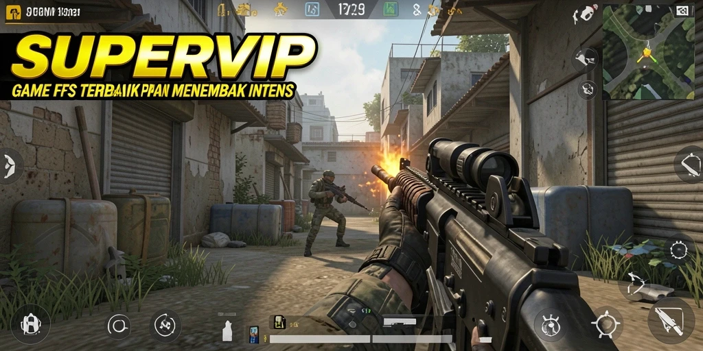 Screenshot gameplay SUPERVIP menunjukkan aksi tembak-menembak yang intens.