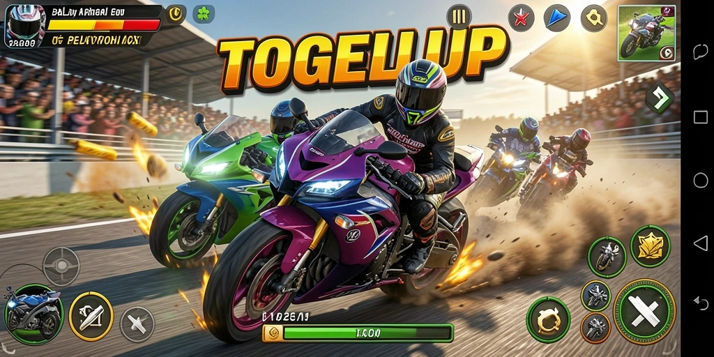 Screenshot utama TOGELUP menampilkan aksi balap motor yang seru dan mendebarkan.