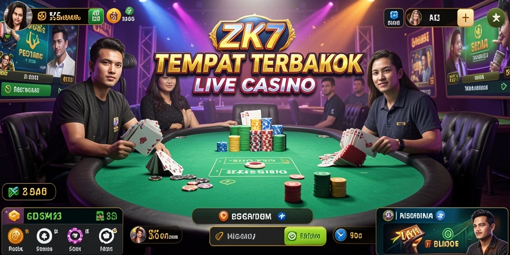Tangkapan layar gameplay ZK7 yang menampilkan dealer langsung dan suasana kasino.